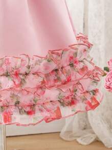 SHEIN Baby Girl Stand Collar Short Sleeve Ruffle Effect Mid-Length Satin Dress - Pink - View 7