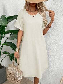 EMERY ROSE Textured Round Neck Short Sleeve Straight Casual Dress, Spring And Summer - Apricot - View 5