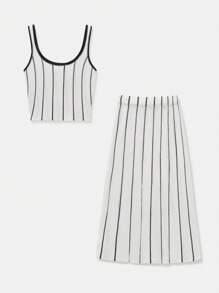 Maija Modern Urban Sleeveless White Striped Camisole Top And Cropped Waist Striped Mini Skirt Set For Women, Spring/Summer
