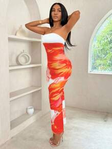 BamGleam 女式修身露肩撞色花卉印花优雅时尚长裙女装 - 彩色 - 查看 6