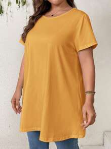 SHEIN Privé Camiseta de manga corta asimétrica de talla grande de unicolor elegante y minimalista, adecuada para el verano - Amarillo - Ver 4