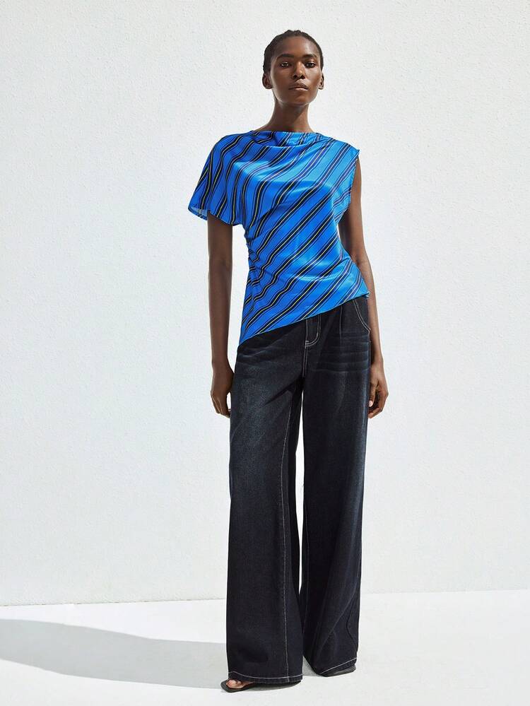 SHEIN Maija 2025 Summer Music Festival Modern Urban Asymmetric Waist Ruched Asymmetrical Hem Retro Casual Women's Blue Yellow Contrast Color Artistic Striped Top, Suitable For Spring/Summer Parties