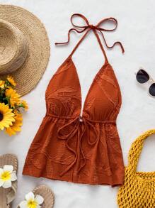 Soleia Casual Halter V-Neck Tied Back Textured Fabric White Women Tank Top, Suitable For Event, Holiday, Date, Valentine's Day, Afternoon Tea - Rust Brown - View 3