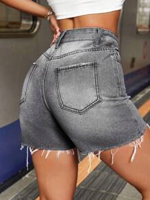 SHEIN PETITE 女式休闲破洞磨边口袋牛仔短裤 - 淺灰色 - 查看 2