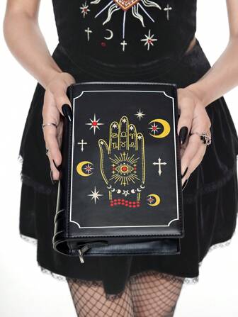 Goth Women's Gothic Book-Shaped Crossbody Bag With Occult Print (Hands/Stars/Moons/Eyes/Crosses) - Sturdy Non-Deformable Design For Dark Academia Back-To-School Outfits Suitable For Daily Commute