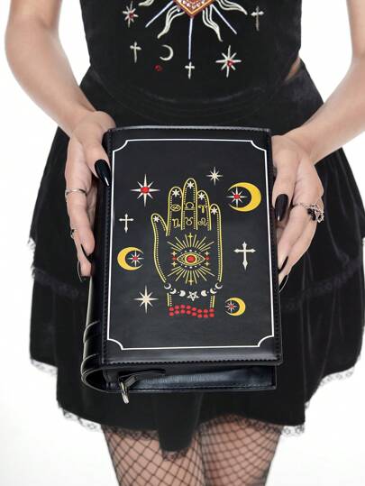 Goth Women's Gothic Book-Shaped Crossbody Bag With Occult Print (Hands/Stars/Moons/Eyes/Crosses) - Sturdy Non-Deformable Design For Dark Academia Back-To-School Outfits Suitable For Daily Commute
