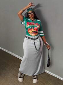 Slaydiva 2025 New Spring/Summer Casual Streetwear Sports Competition Outfit - Green Stripe Print Letter Slogan Logo Top Tee & Grey Long Skirt, 2 Pieces Plus Size Set - Multicolor - View 9