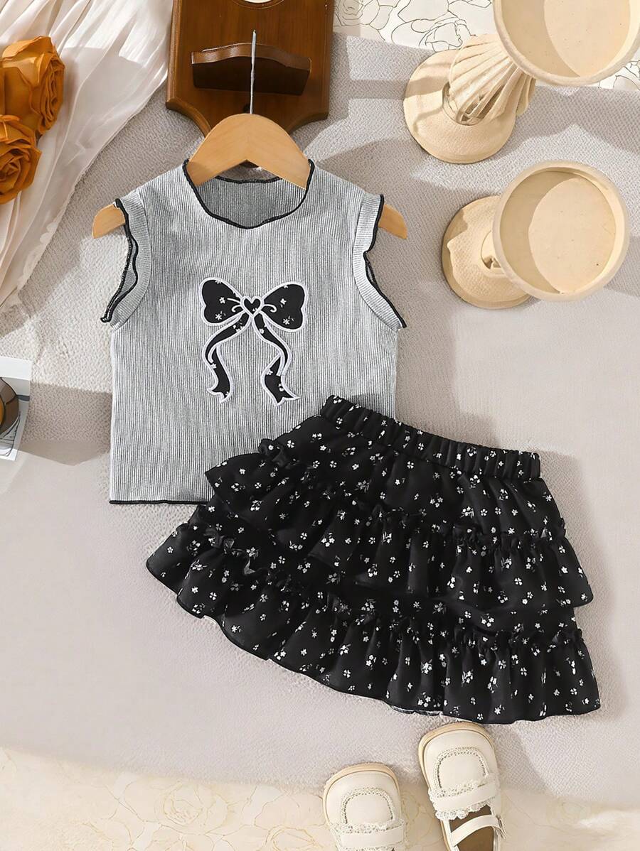 2pcs Girls Set: Bow Applique Tank Top With Ruffle Hem + Cute Cake Skirt - Grey - View 1