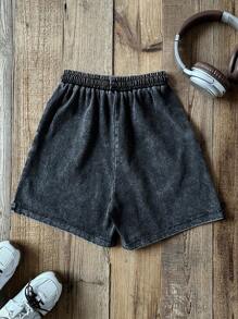 SHEIN Tween Boy Fashion Casual Black Elastic Waist Drawstring Design Sports Comfort Soft Elastic Loose Denim Shorts For Kids Clothes Boys Soft Dailywear And Kids Summer And Spring Clothes - Black - View 3