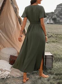 SHEIN PETITE Robe de plage bohème à taille froncée pour femme pour le printemps/été, robe casual pour les trajets, ourlet asymétrique évasé, fentes latérales, manches évasées
