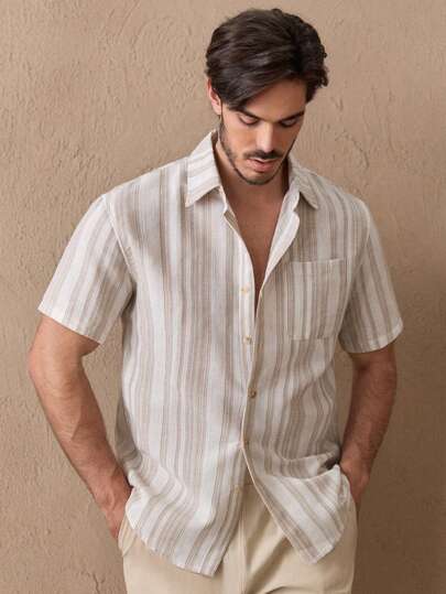 HIMLAND Men's Woven Striped Slim Fit Short Sleeve Casual Shirt, Suitable For Summer, Old Money