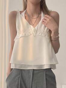 DAZY Débardeur femme avec volants, bretelles spaghetti, top babydoll, tops preppy