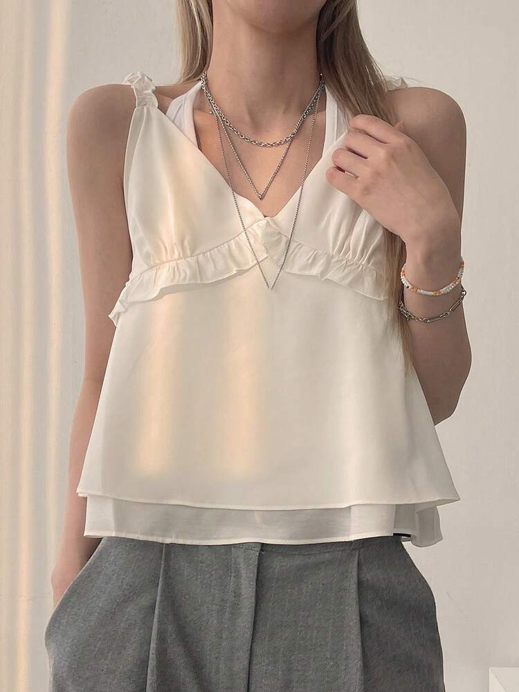Women Frill Trim Spaghetti Strap Cami Top Babydoll Top Preppy Tops