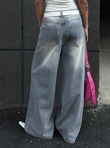 DAZY 女式做旧复古水洗阔腿牛仔裤，带口袋，休闲街头风格，夏季 - 藍色 - 查看 2