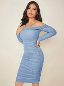 SHEIN SXY Prom Dress;Women's Mesh Off Shoulder Dress - Baby Blue - View 4