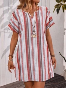 EMERY ROSE Summer Casual Vacation Striped Notched Neck Dress - Multicolor - View 4
