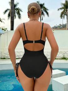 Swim SXY 1 件性感吊带女式度假细肩带连体泳衣 - 黑色 - 查看 2