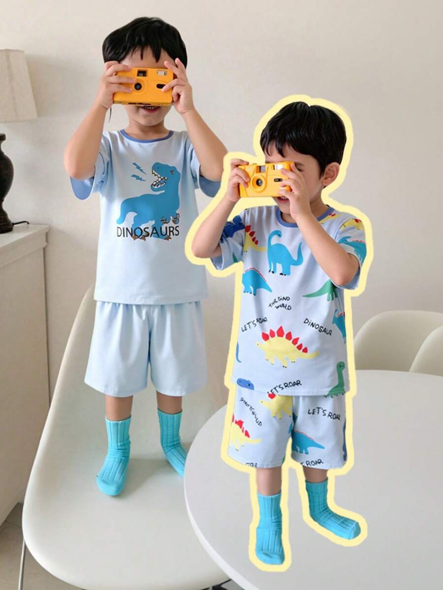 SHEIN 4 件套年轻男孩可爱恐龙涂鸦卡通图案蓝色圆领短袖短裤休闲舒适家居服套装 - 藍色 - 查看 1