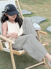 Dazy Kids 两件套少女夏季套装：无袖圆领背心 + 条纹梭织长裤，返校季度假装 - 米色 - 查看 2