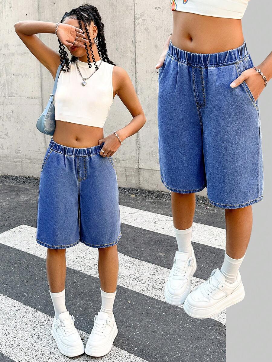 SHEIN Teenager Mädchen Frühling Sommer Lässig Elastischer Bund Weite Weiche Denim Lang Denim Shorts, Mädchen Sommer Strand Boho Urlaub Konzert Rave Outfits