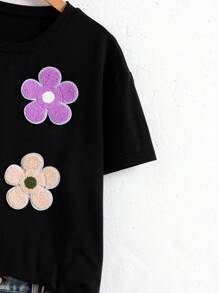 SHEIN 2pcs Set Tween Girls Embroidered Floral Decor T-Shirt + Washed Denim Shorts Set, New Summer Collection - Multicolor - View 5