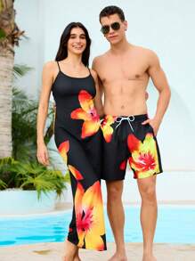 Manfinity VDAYZ Men's Floral Print Drawstring Waist Beach Shorts, Summer