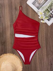 Swim Chiccia 1 件女士纯色连体斜肩泳衣，夏季时尚 - 紅色 - 查看 5