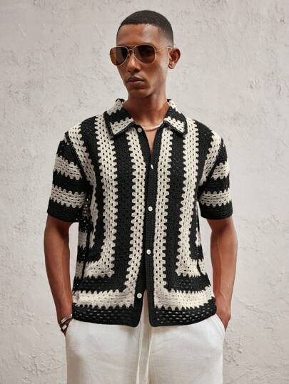 AKNOTIC Party Men's Fitted Ribbed Stand Collar Short Sleeve Casual Knitted Cardigan, Suitable For Daily Matching