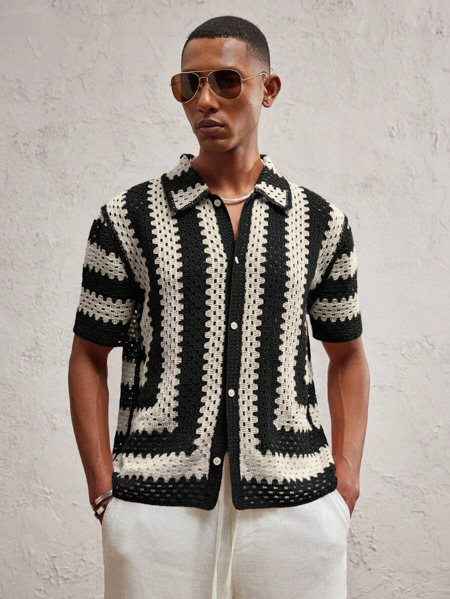 AKNOTIC Party Men's Fitted Ribbed Stand Collar Short Sleeve Casual Knitted Cardigan, Suitable For Daily Matching - Black - View 1