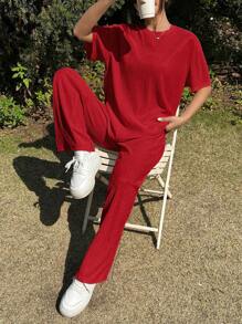 SHEIN EZwear Summer Knitted Textured Relaxed Fit T-Shirt And Loose Pants Casual Set - Red - View 7