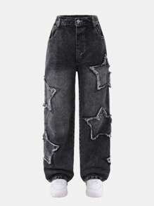 SHEIN Jeans de denim azul claro con bordado de estrella de cinco puntas para niñas preadolescentes, estilo Y2K, corte recto suelto, pantalón casual de moda para la calle - Gris - Ver 1