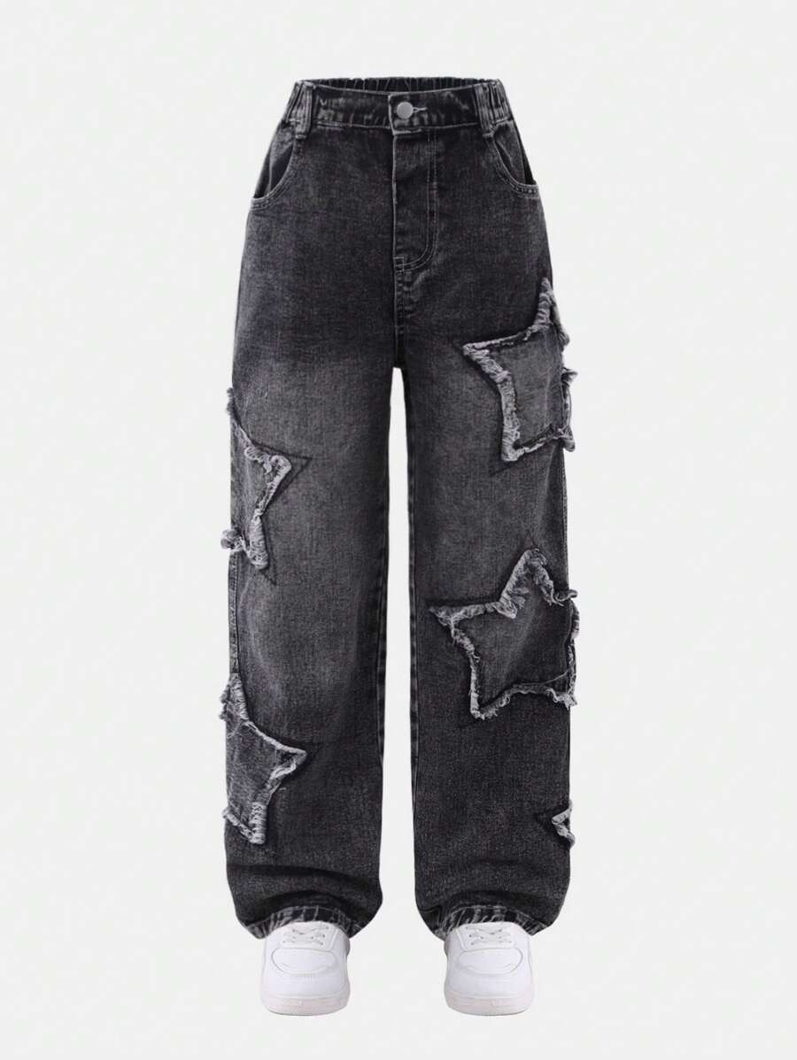 SHEIN Jeans de denim azul claro con bordado de estrella de cinco puntas para niñas preadolescentes, estilo Y2K, corte recto suelto, pantalón casual de moda para la calle - Gris - Ver 1
