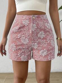 SHEIN Clasi Pantalones cortos de verano de pierna recta, elegantes, con estampado aleatorio de unicolor - Rosa vieja - Ver 6