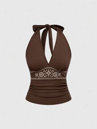 Hippie Top tipo halter sin mangas con cuello de lazo, de color café, con bordado floral y escote bajo, para mujer, ideal para verano y vacaciones