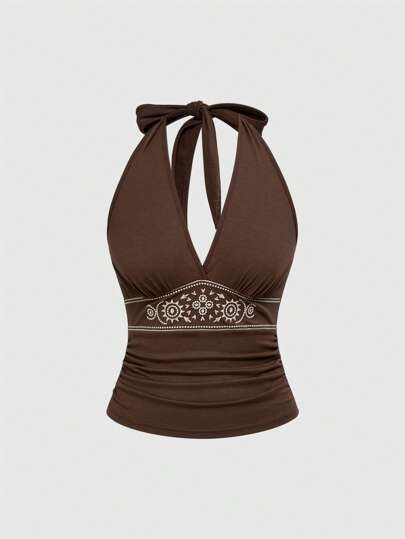 Hippie Sexy Summer Cool Vacation Halter Neck Bowknot Tie Strap Embroidered Floral Low-Cut Coffee Color Women Tank Top