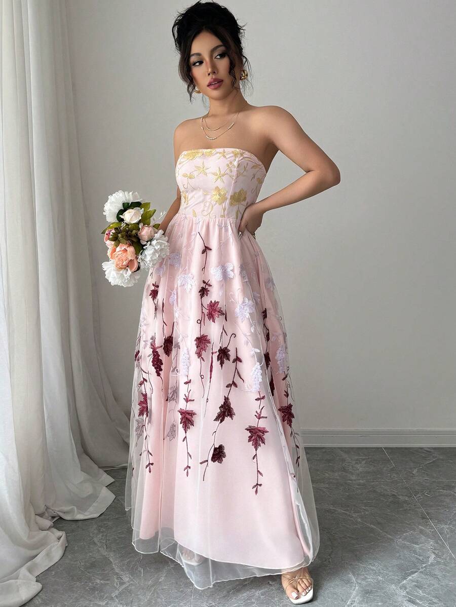 Elenzga Sukienki na Halloween, powrót do szkoły, pełne sukienki dla kobiet, zwiewna sukienka wielkanocna, haftowana sukienka na wesele, błyszcząca, haftowana siateczka z kwiatowym wzorem, elegancka sukienka letnia. - Wielokolorowe - Zobacz 1