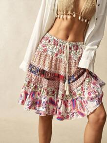 Bohemela Women's Woven Floral Ruffled Skirt With Waist Tie