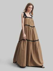 Ontre 2022 New Women Sleeveless Tie-Front Contrast Color Belted Dress, Bowknot Shoulder Tie Beach Dress For Spring & Summer