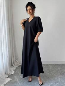 SHEIN Clasi Black Long Dress, Elegant & Graceful Design, Short Sleeve, Casual & Comfortable