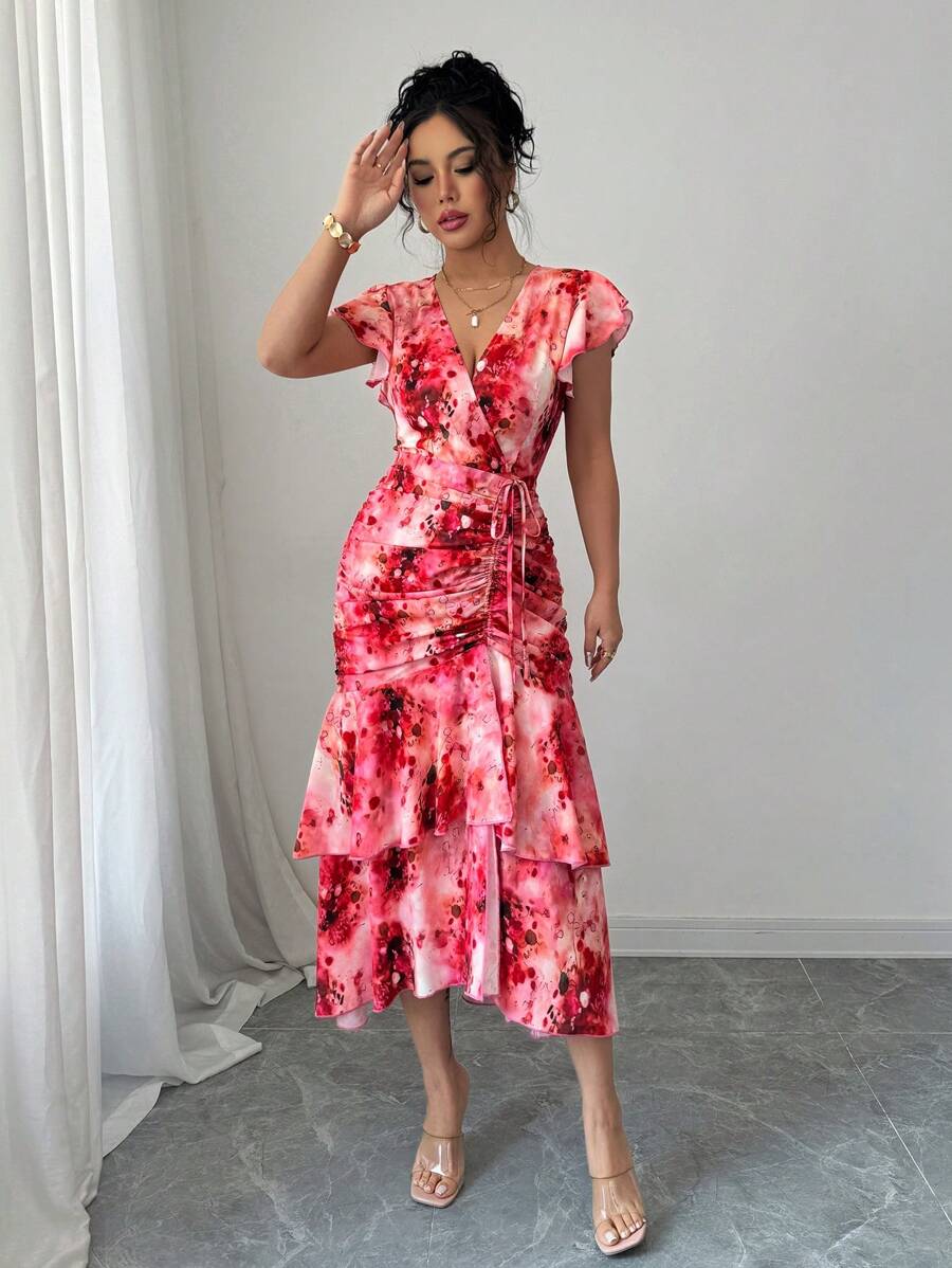Rafferiza Elegant Sexy V-Neck Ruffle Floral Print Dress - Multicolor - View 1