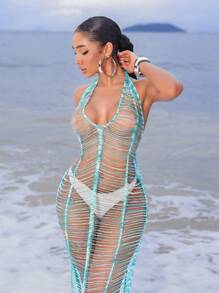Swim SXY Vacation Beach See-Through Backless Halter Neck Coverup Dress For Summer - Blue - View 1