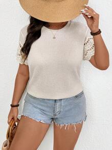 SHEIN Frenchy 大码女式休闲百搭圆领荷叶边细节T恤，夏季 - 杏色 - 查看 4