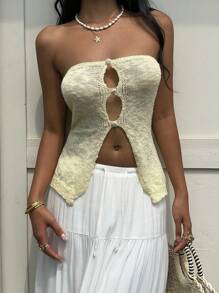 SHEIN EZwear Neuer Sommer Strand Urlaub buttergelbes Korsett Top Damen gestrickt einfarbig ausgeschnittenes Röhren Strick Top - Gelb - Übersicht 5