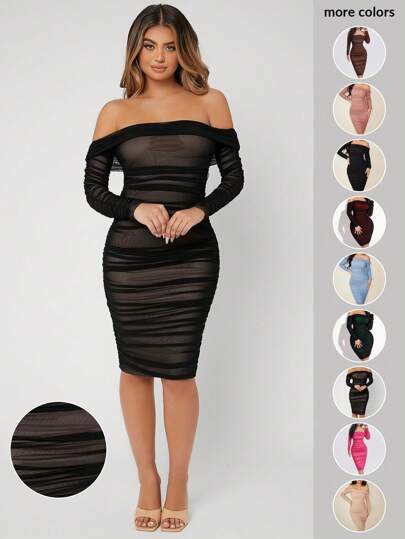 SHEIN SXY Prom Dress;Ruched Off Shoulder Mesh Bodycon Dress