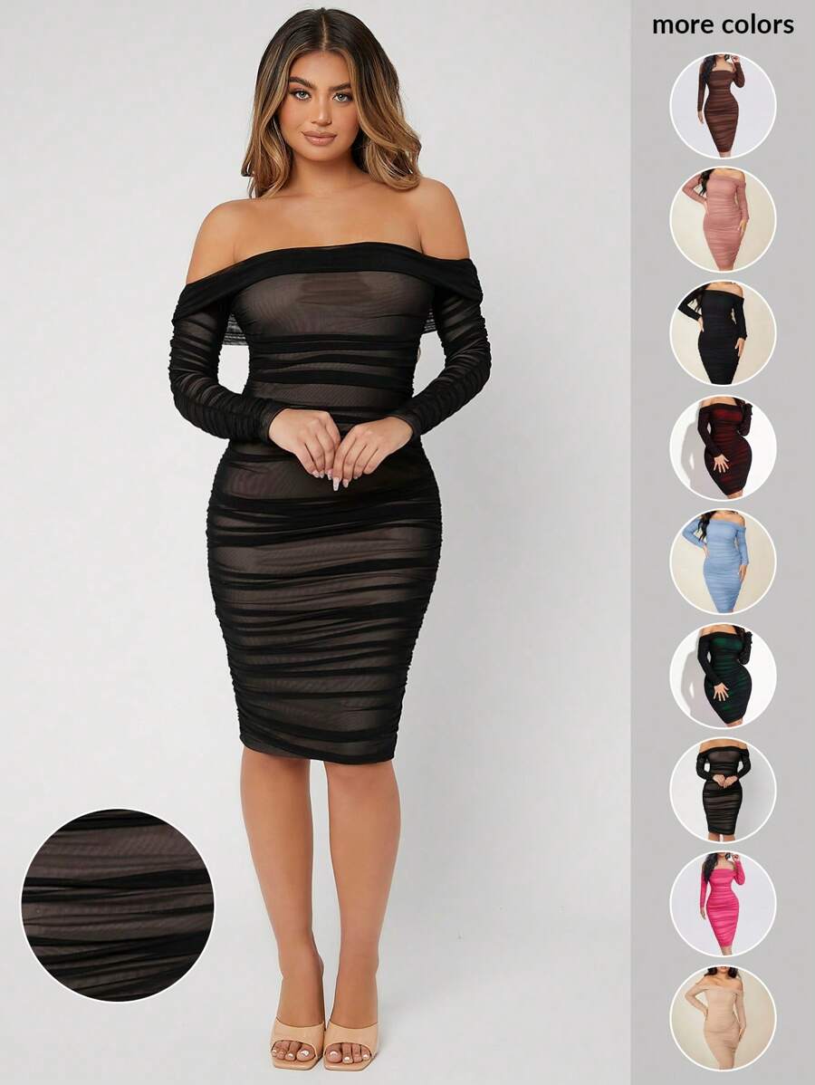 SHEIN SXY Prom Dress;Ruched Off Shoulder Mesh Bodycon Dress - Black - View 1