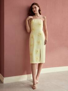 MOTF PREMIUM FLORAL PATCHED SPLIT TUBE DRESS