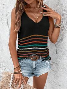 SHEIN LUNE Women's Contrast Stripe Print V-Neck Sweater Vest - Black - View 6