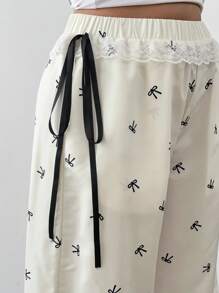 SHEIN CURVE+ Plus Size Women Bow Print Patchwork Ruffled Hem Casual Pants, Cute Design - Beige - View 4