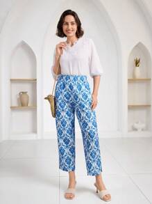 Miaspire Retro Printed Women's Long Pants, Spring/Summer Vacation - Blue and White - View 5