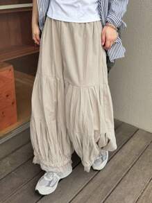 FRIFUL 女式褶边网眼拼接阔腿裤，休闲百搭宽松度假沙滩装，返校服